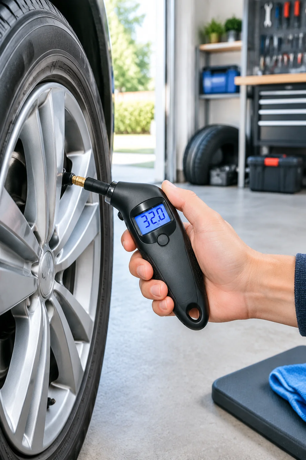 an AstroAI digital tire pressure gauge in a realistic everyday product scene