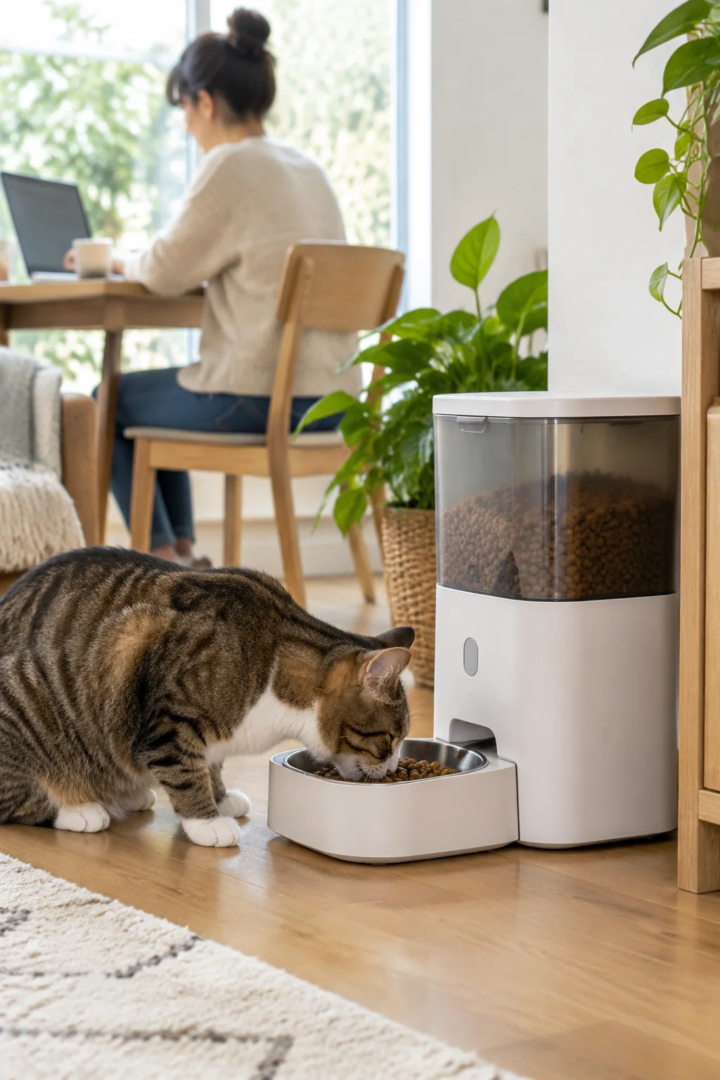 an automatic pet feeder in a calm everyday pet-care scene