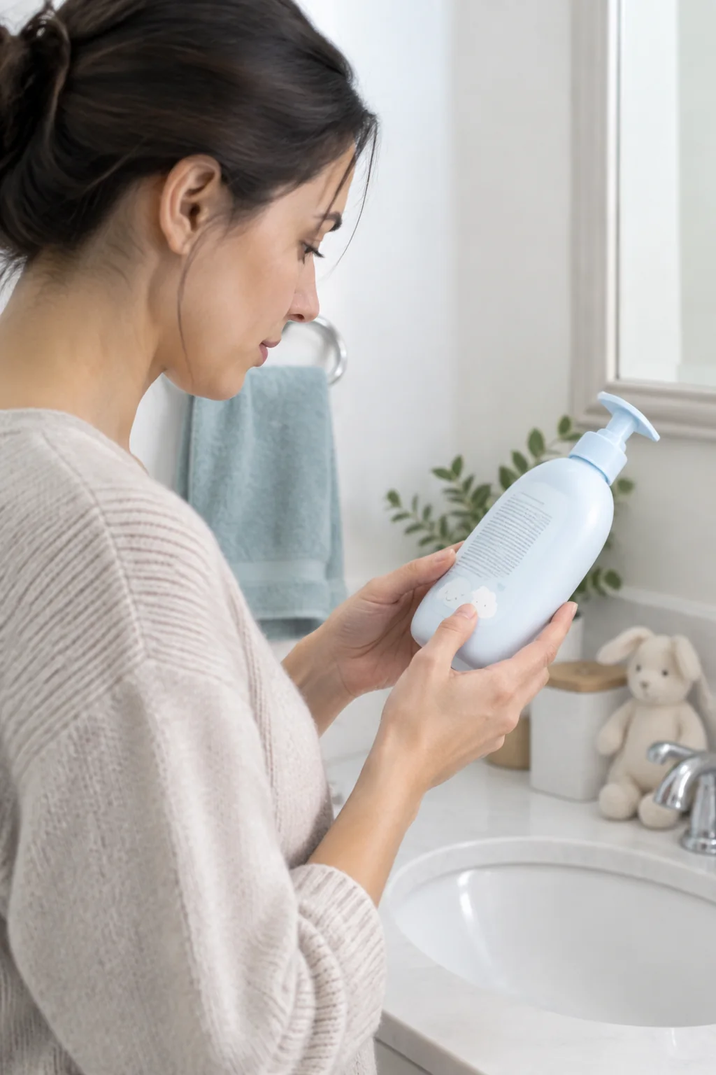 Caregiver reading the ingredient label on a gentle baby wash bottle