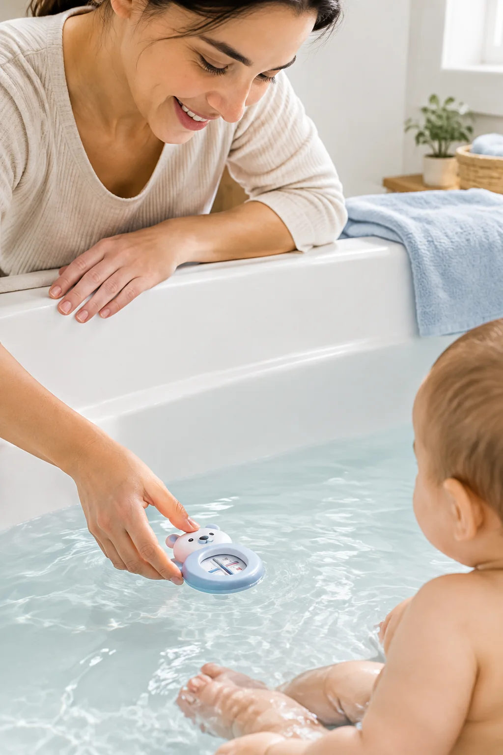 Caregiver checking bath water with a simple floating thermometer