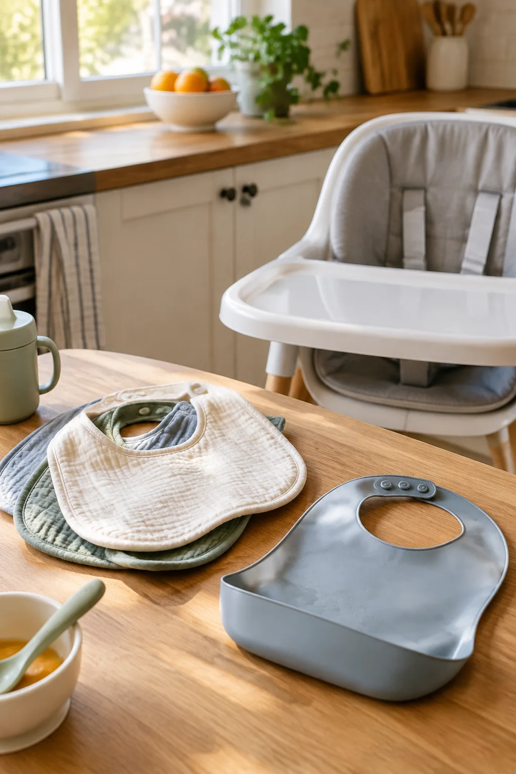 Caregiver selecting a soft bib and a wipe-clean sleeved bib before dinner
