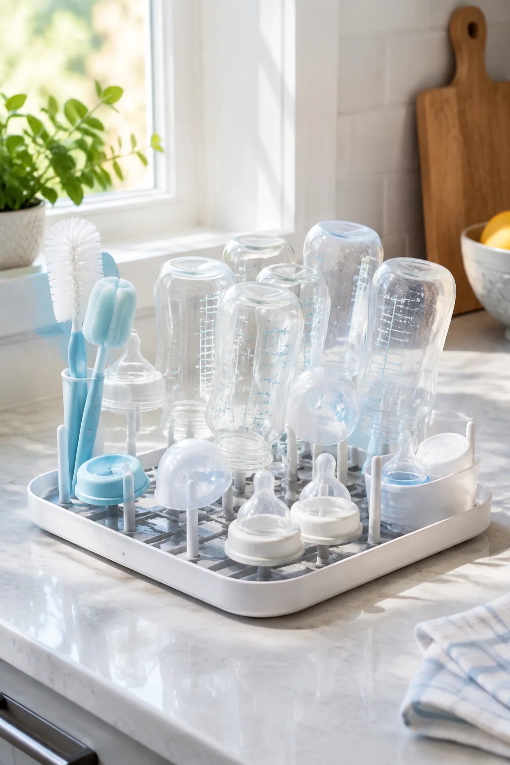 Clean baby bottles and labeled feeding supplies arranged for a caregiver workday
