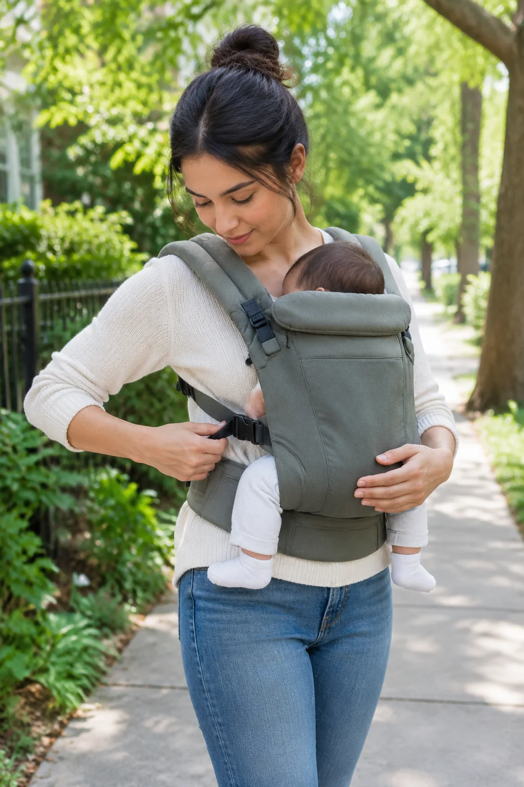 Caregiver adjusting an ergonomic baby carrier before a neighborhood walk