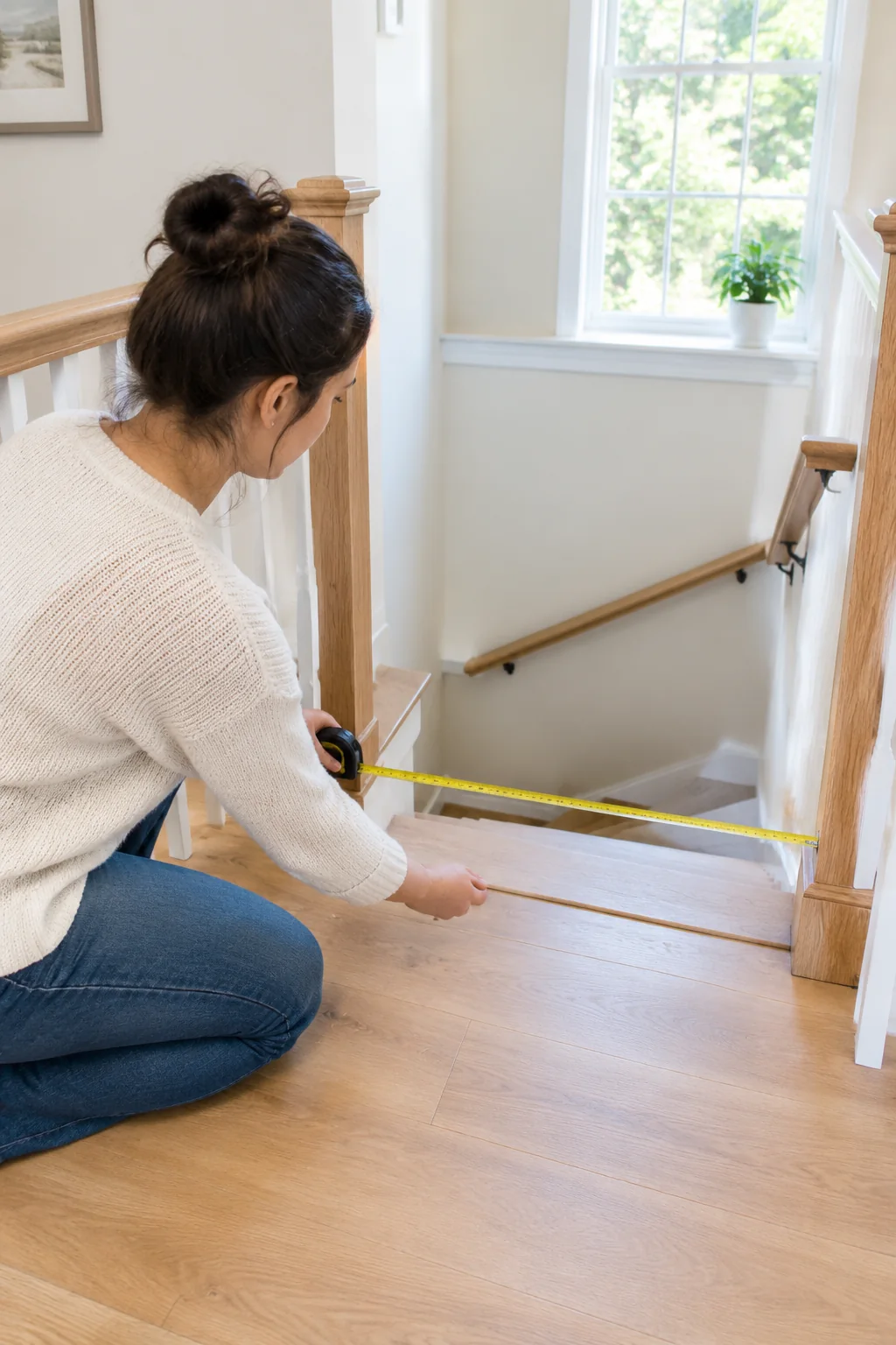 Caregiver measuring a stair opening before installing a pressure-mounted baby gate