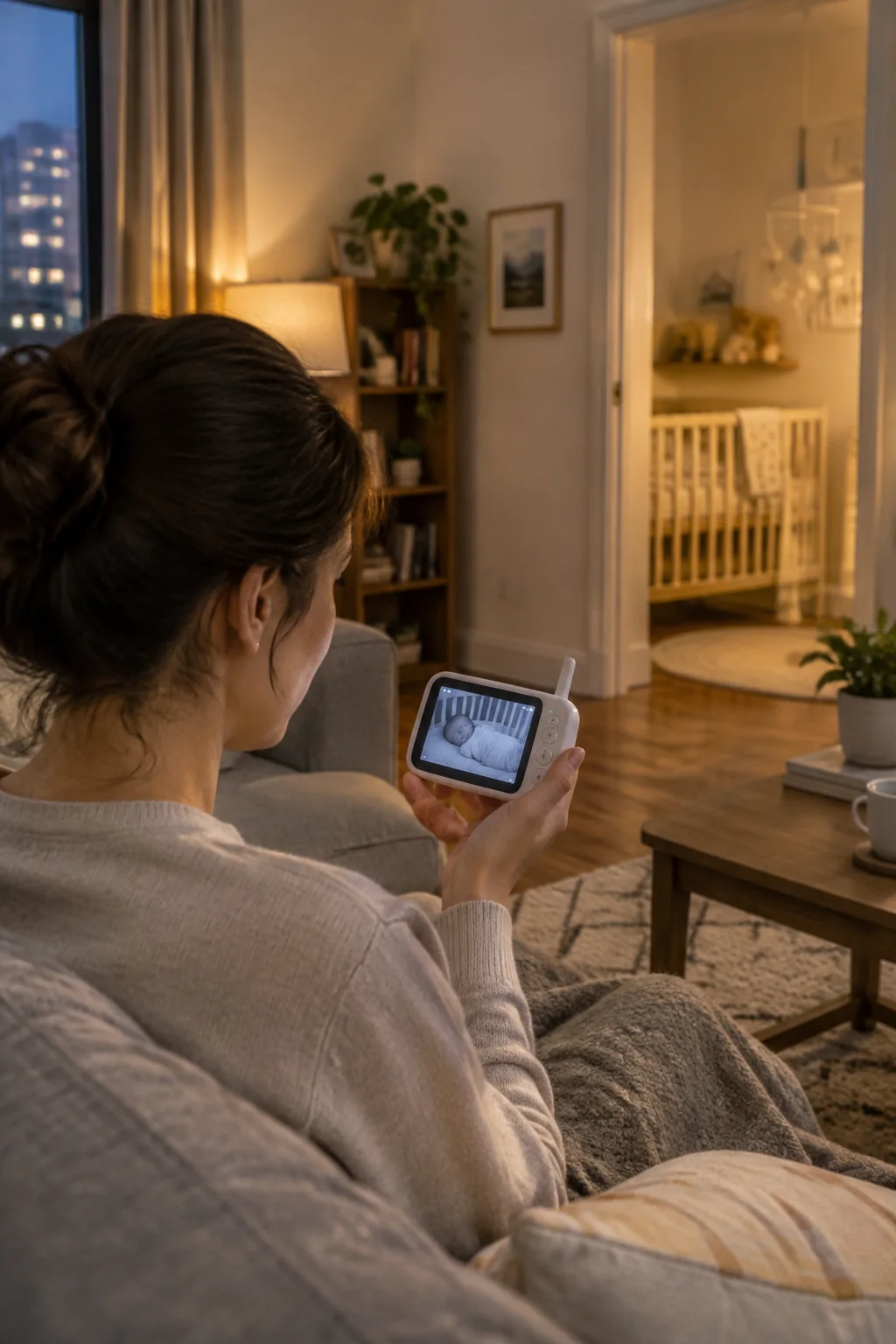 Parent checking a simple baby monitor in a small apartment living room