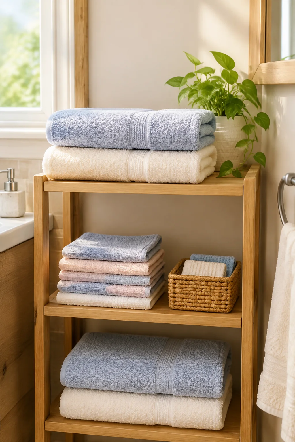 Soft baby towels and washcloths folded on a bathroom shelf