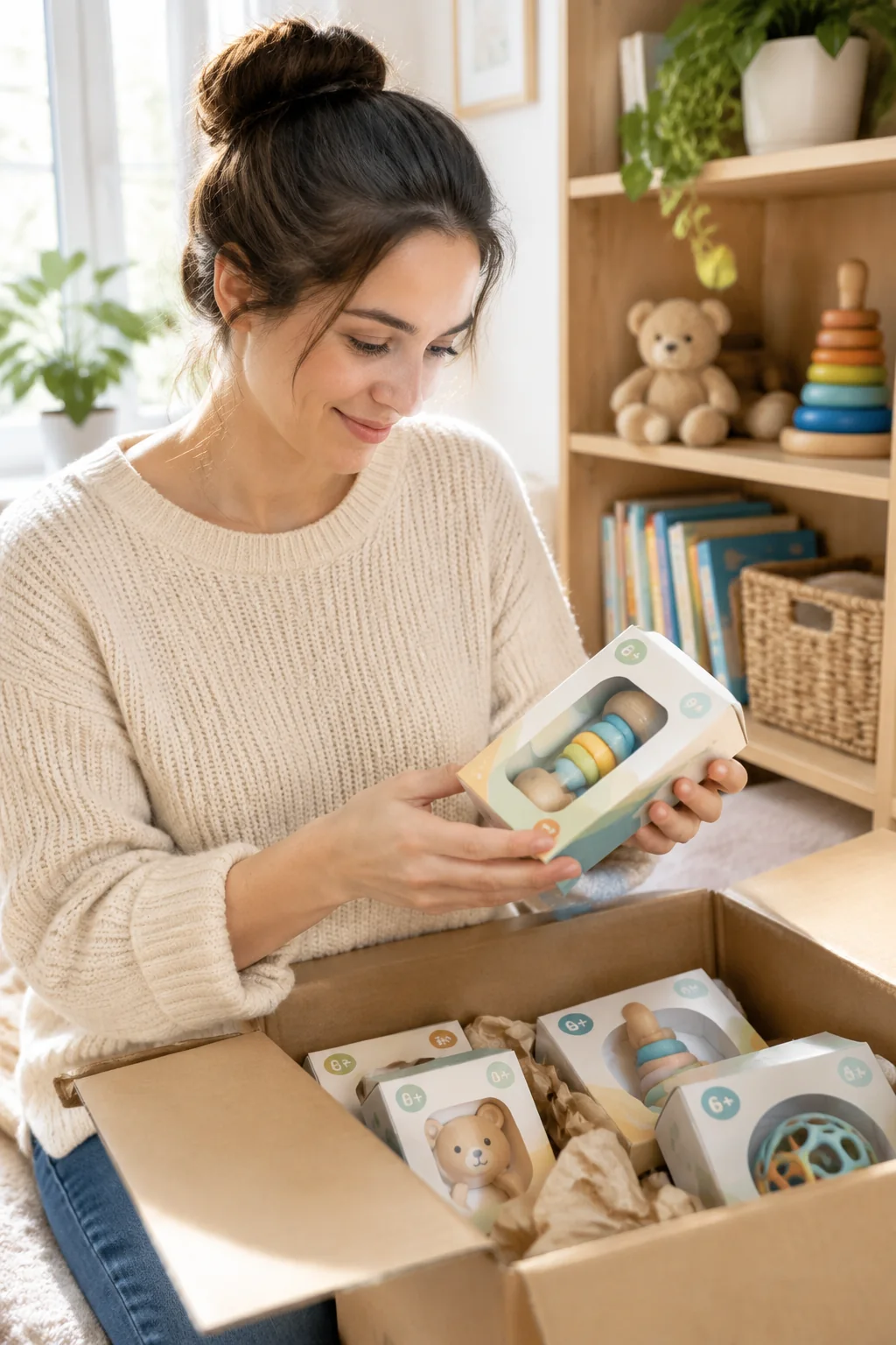 Caregiver reviewing a small box of age-labeled baby toys at home