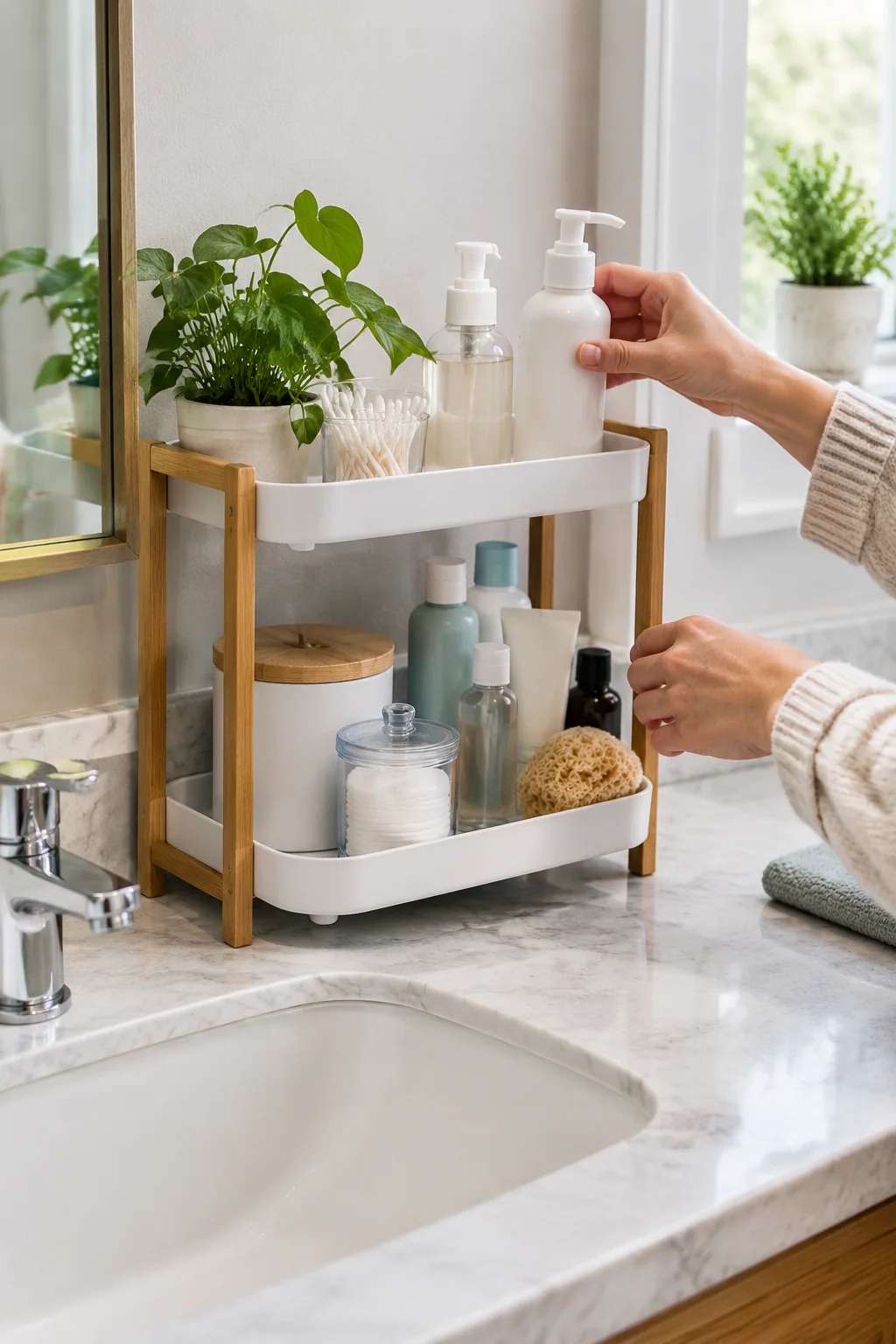 a narrow bathroom shelf in a lived-in home and garden scene