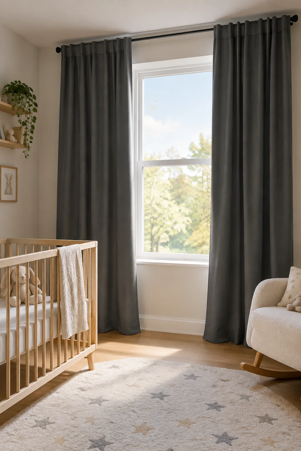 Nursery window with safely installed cordless room-darkening curtains