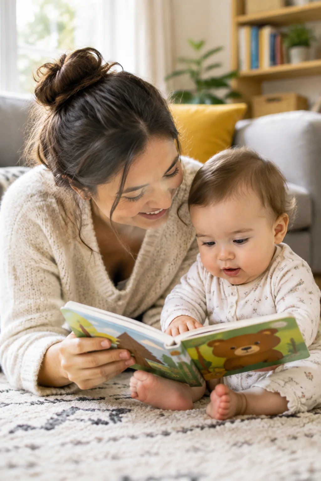 Caregiver sharing a sturdy board book with a baby on a living room rug