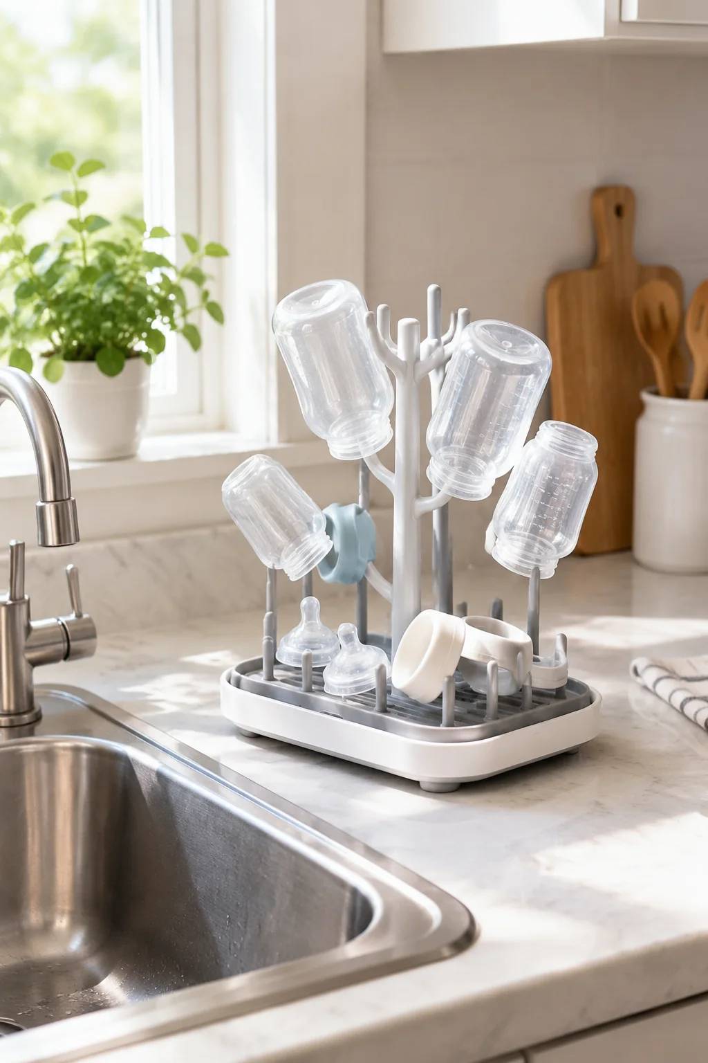 Compact bottle drying rack holding clean feeding parts beside a sink