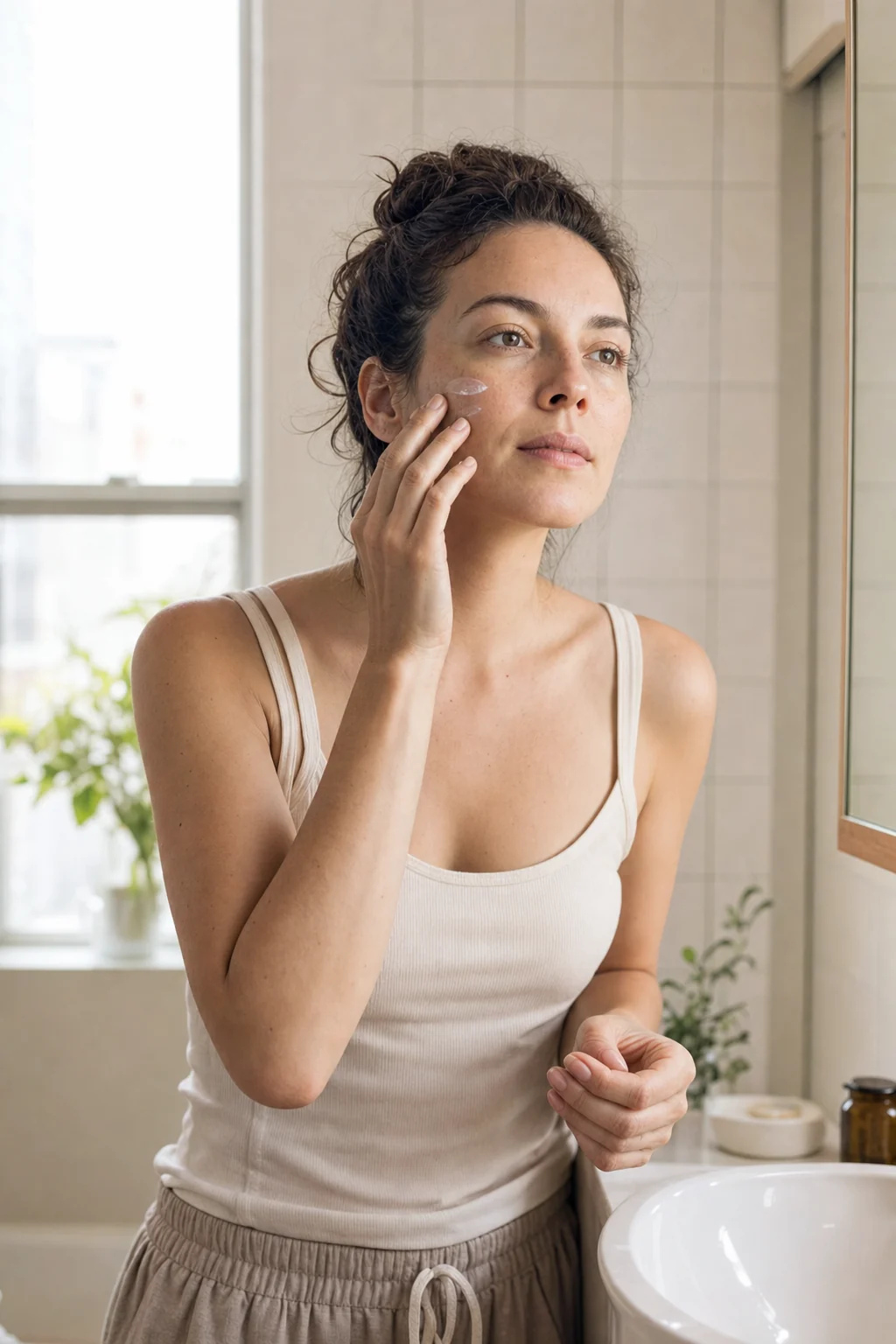 Woman applying moisturizer beside a bathroom window in the morning