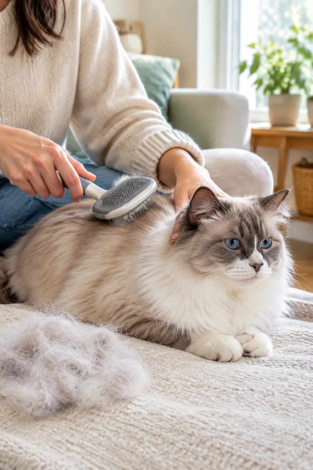 a gentle cat brush in a calm everyday pet-care scene