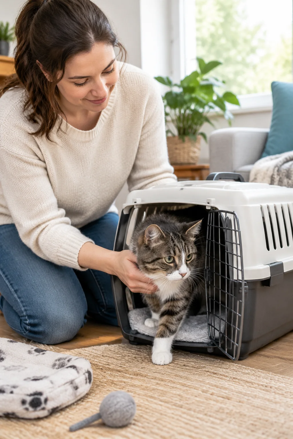 a sturdy cat carrier in a calm everyday pet-care scene