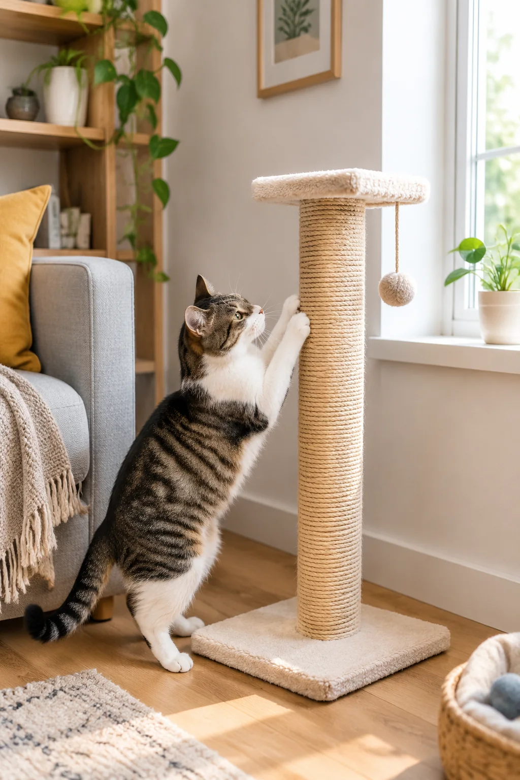 a compact cat scratcher in a calm everyday pet-care scene