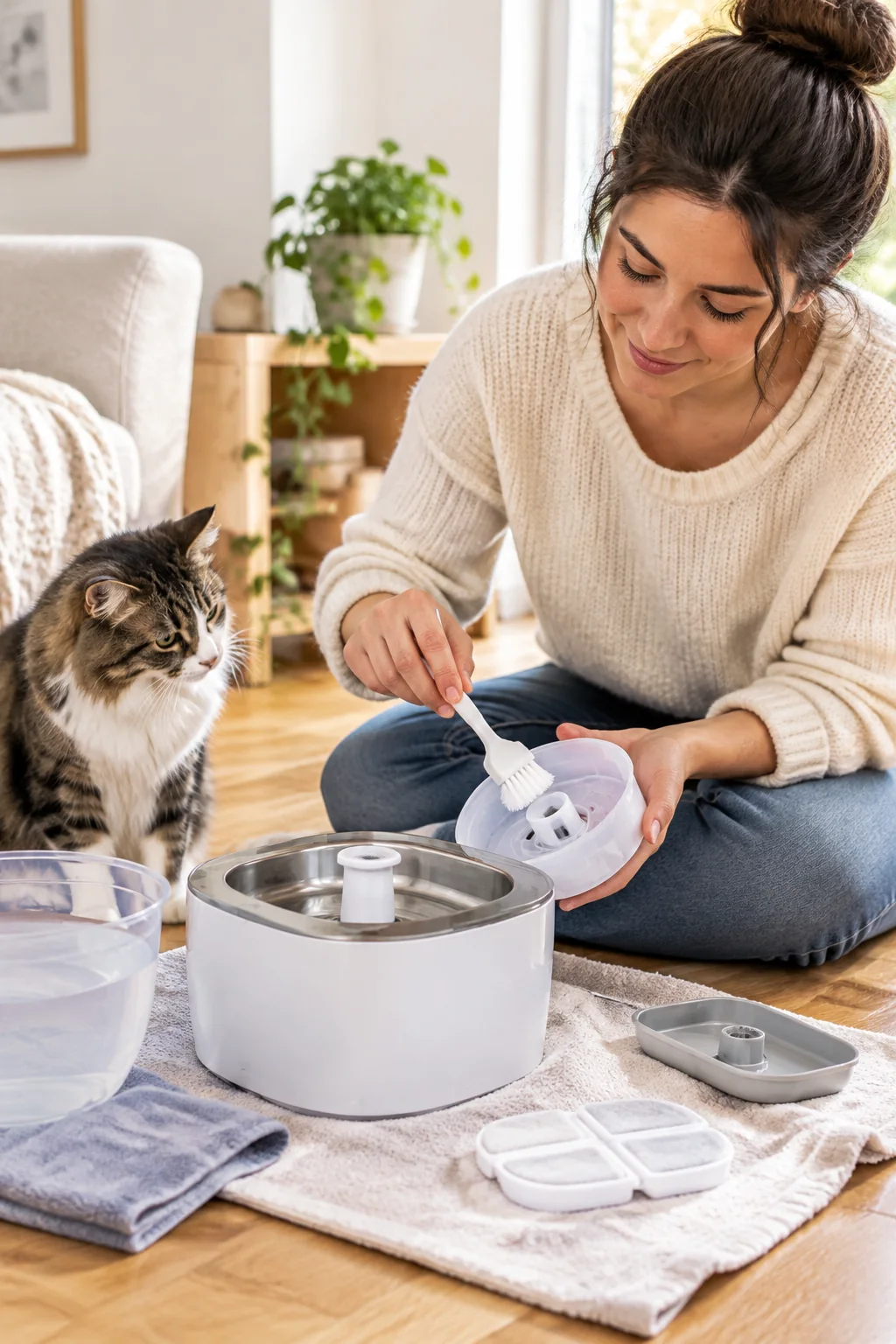 a cat water fountain in a calm everyday pet-care scene