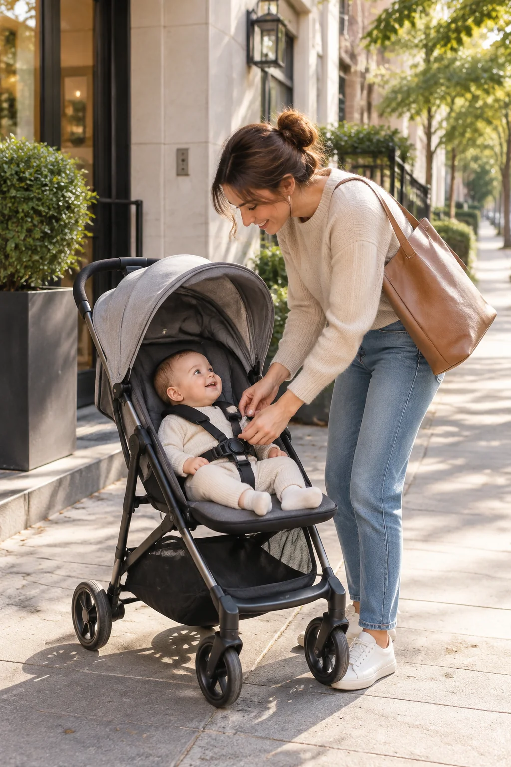 Parent checking a compact stroller before heading out on a city sidewalk