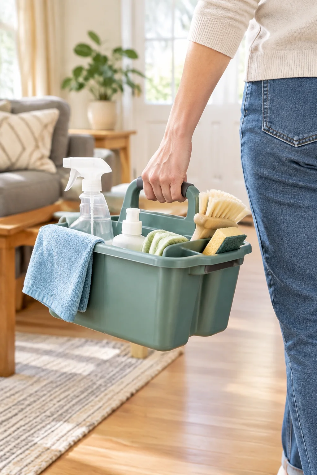 a portable cleaning caddy in a lived-in home and garden scene