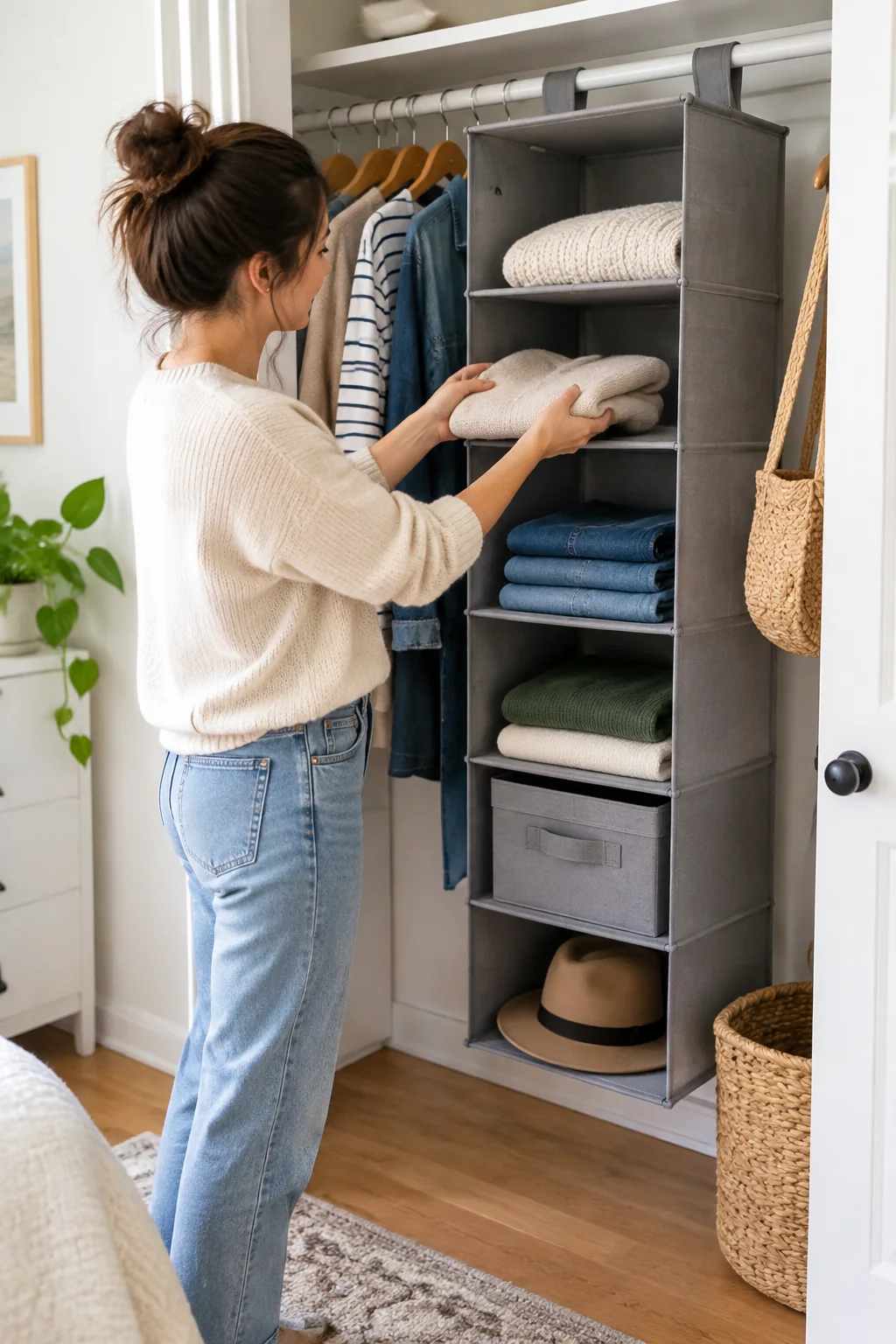 a renter-friendly closet organizer in a lived-in home and garden scene