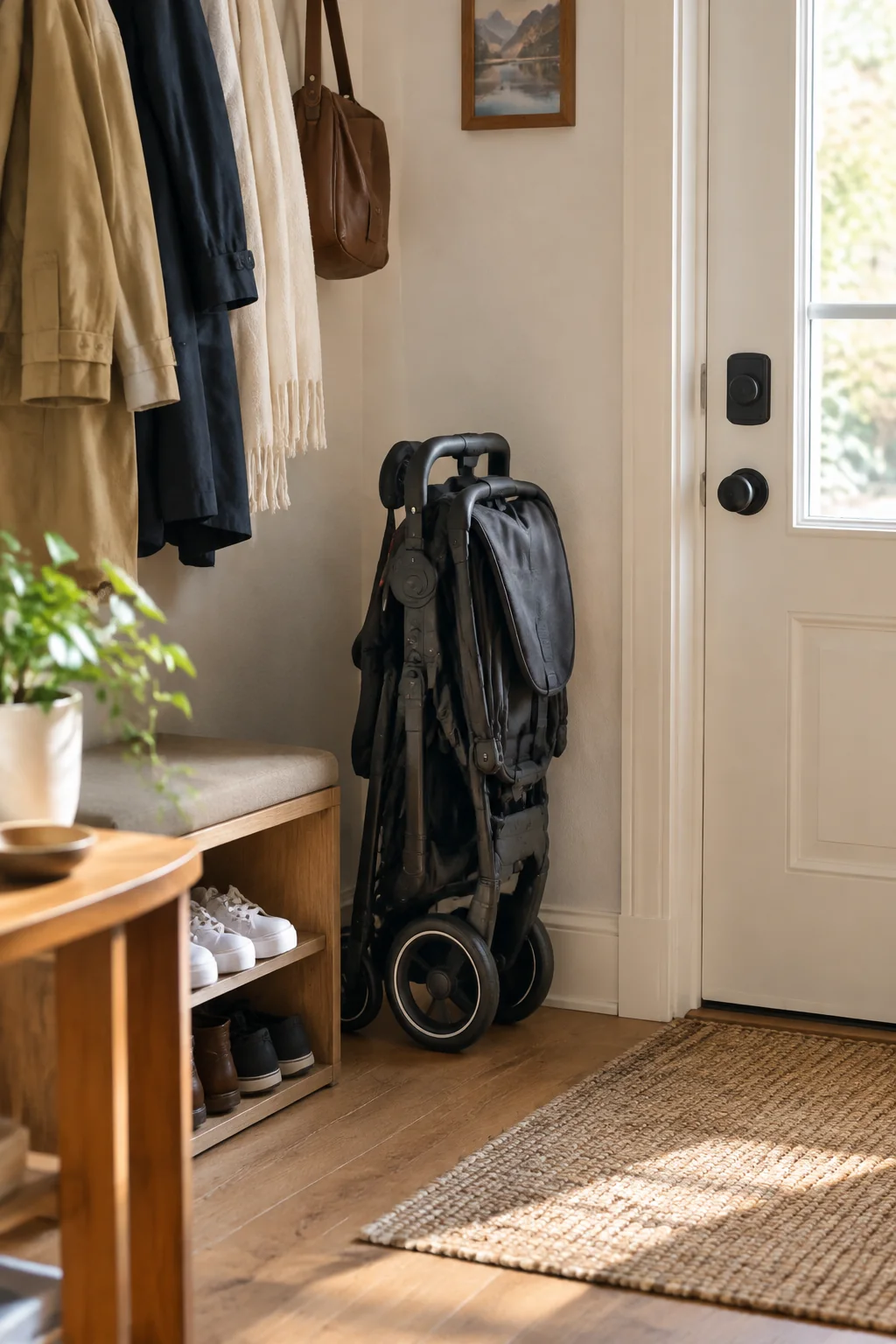 Compact folded stroller stored neatly near a small apartment entry