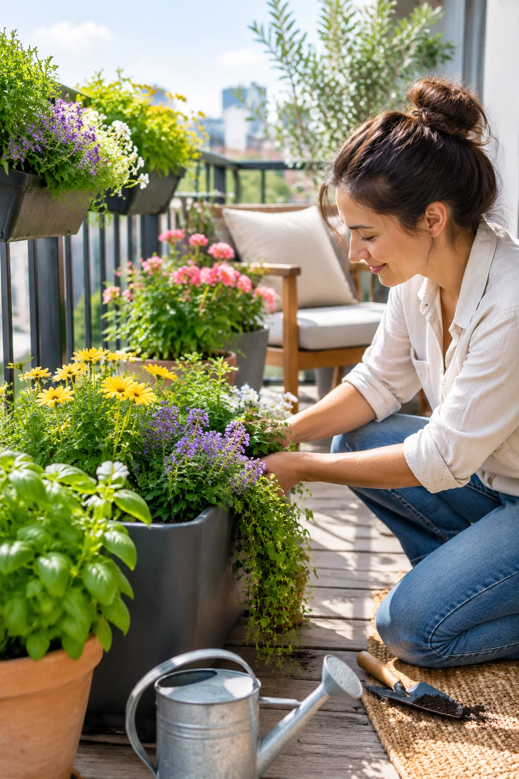 balcony garden containers in a lived-in home and garden scene