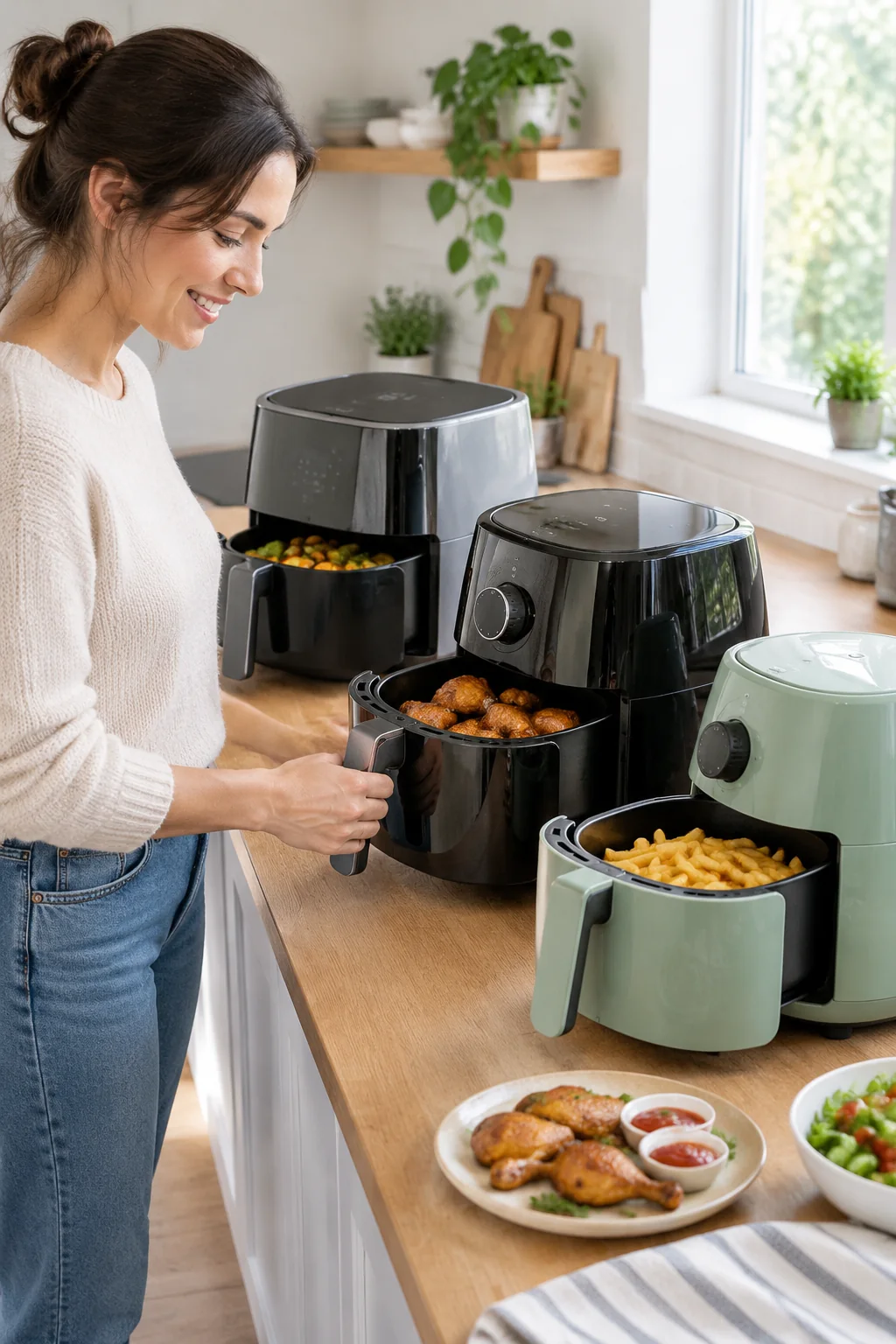 a countertop air fryer in a lived-in home and garden scene