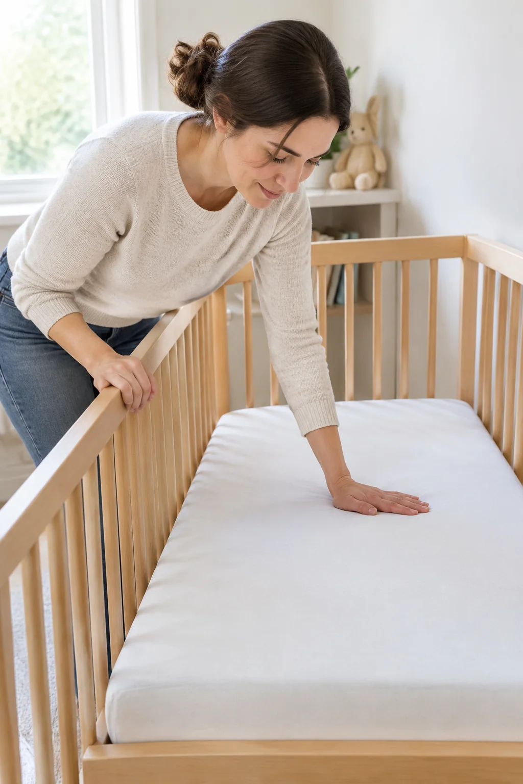 Caregiver checking a fitted crib mattress inside a nursery crib