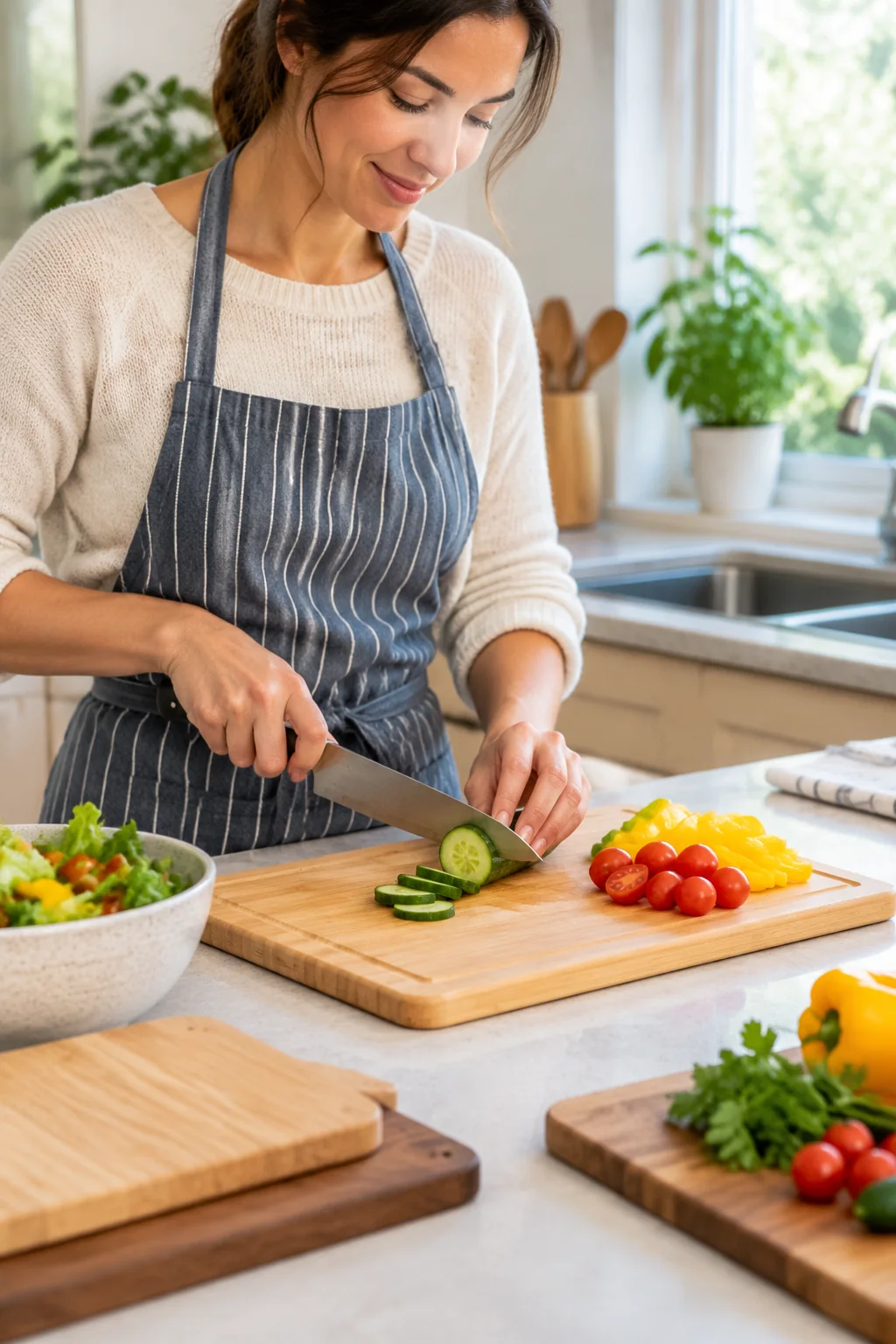 an everyday cutting board in a lived-in home and garden scene