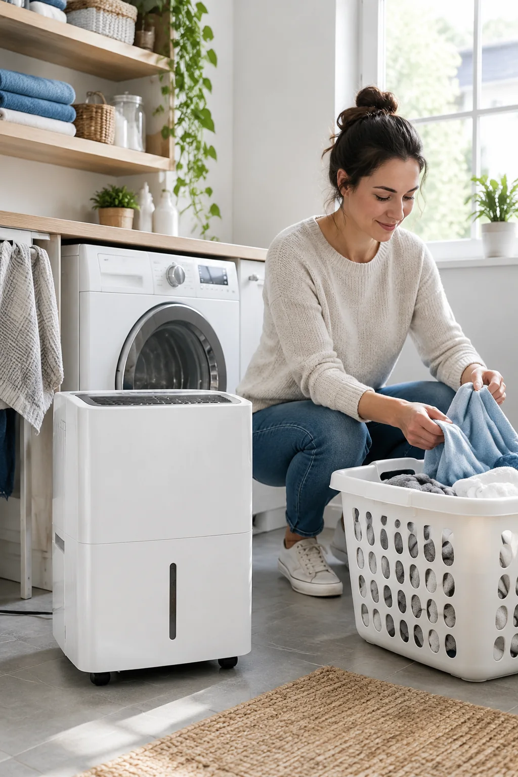 a compact dehumidifier in a lived-in home and garden scene