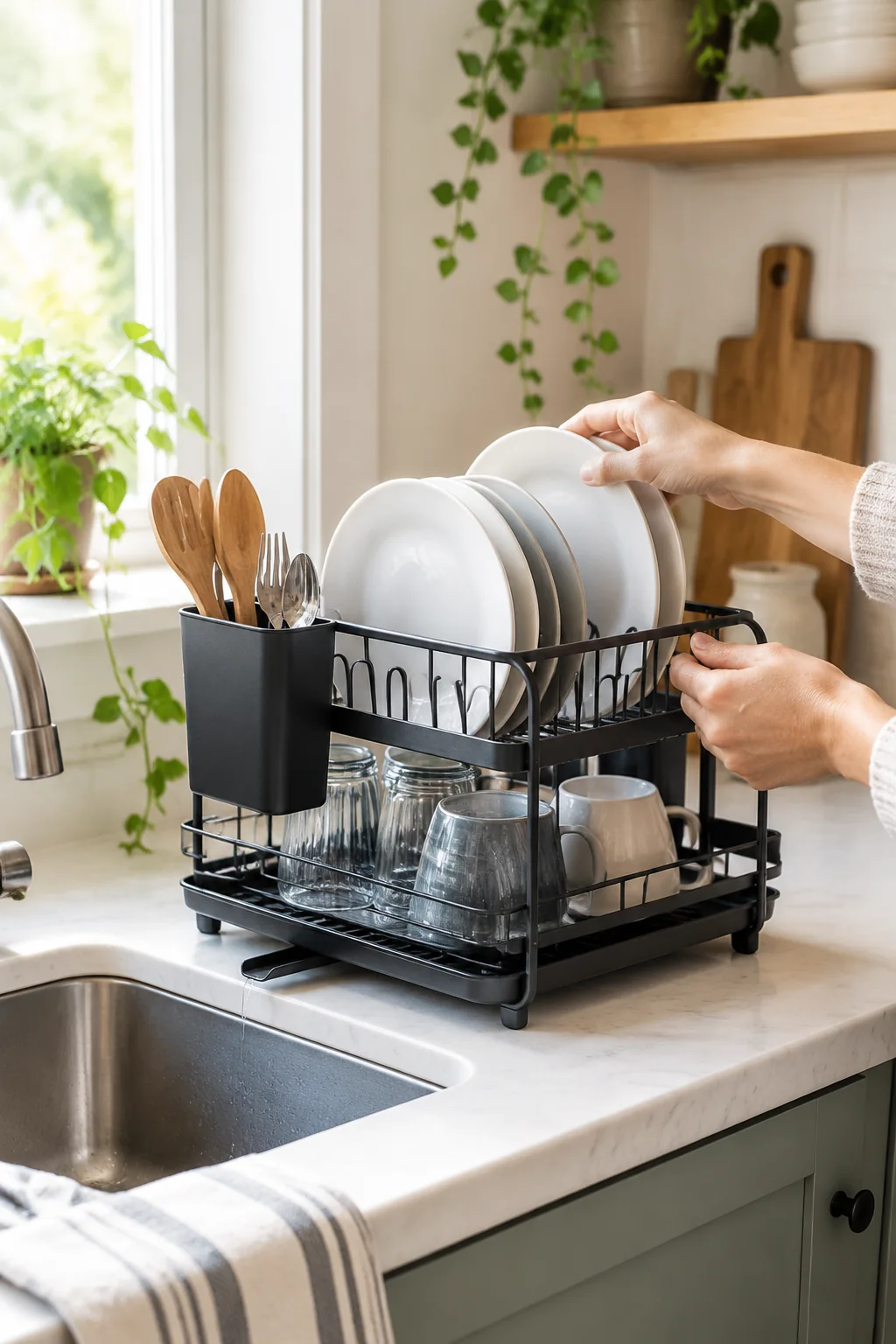 a compact dish rack in a lived-in home and garden scene