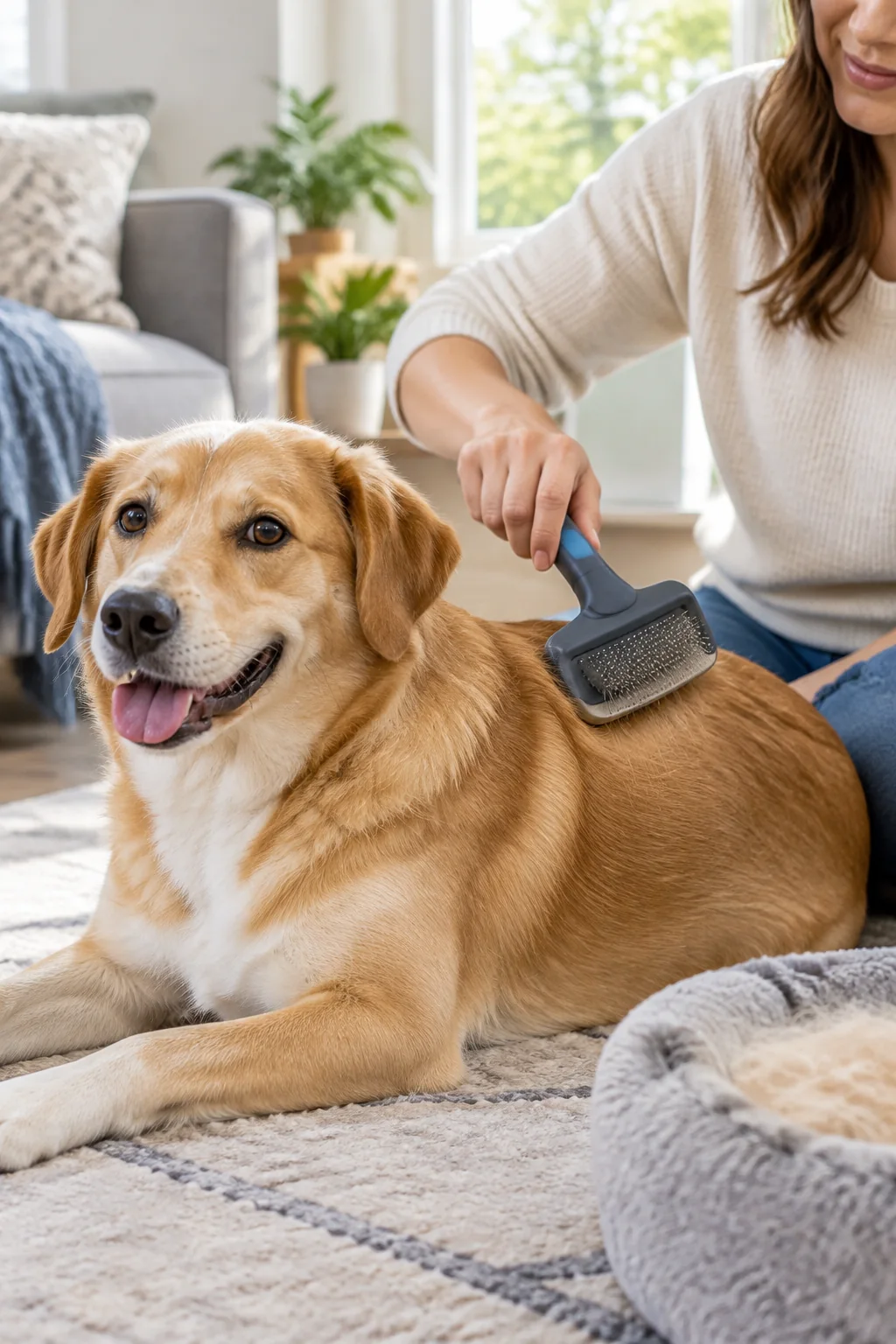 a dog grooming brush in a calm everyday pet-care scene