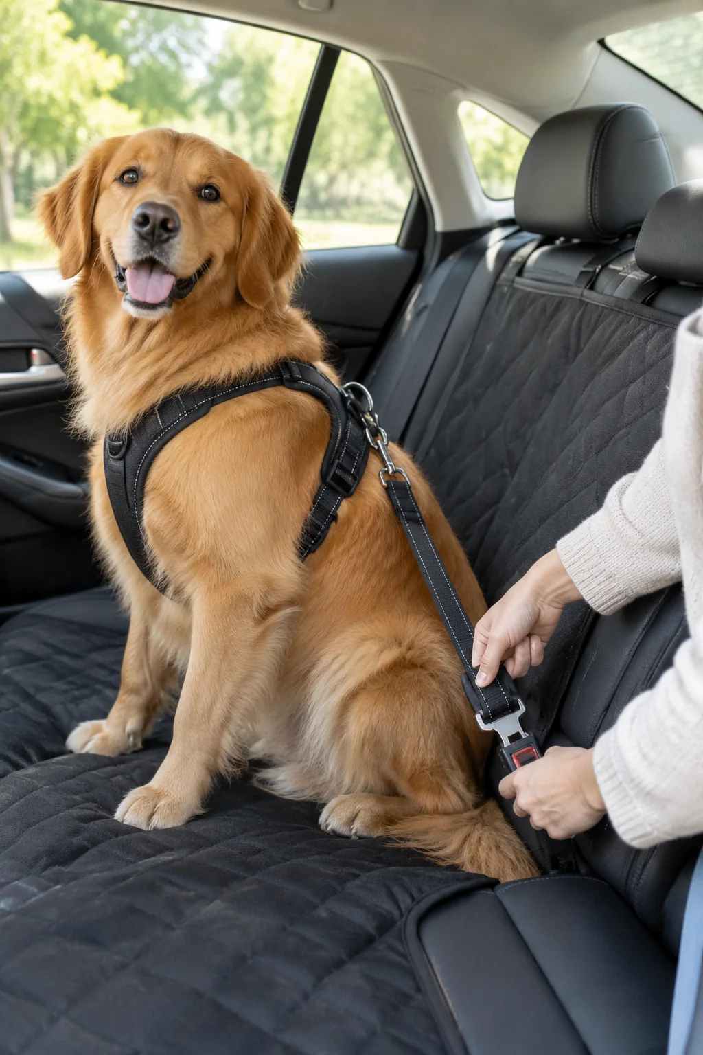 a dog car travel restraint in a calm everyday pet-care scene