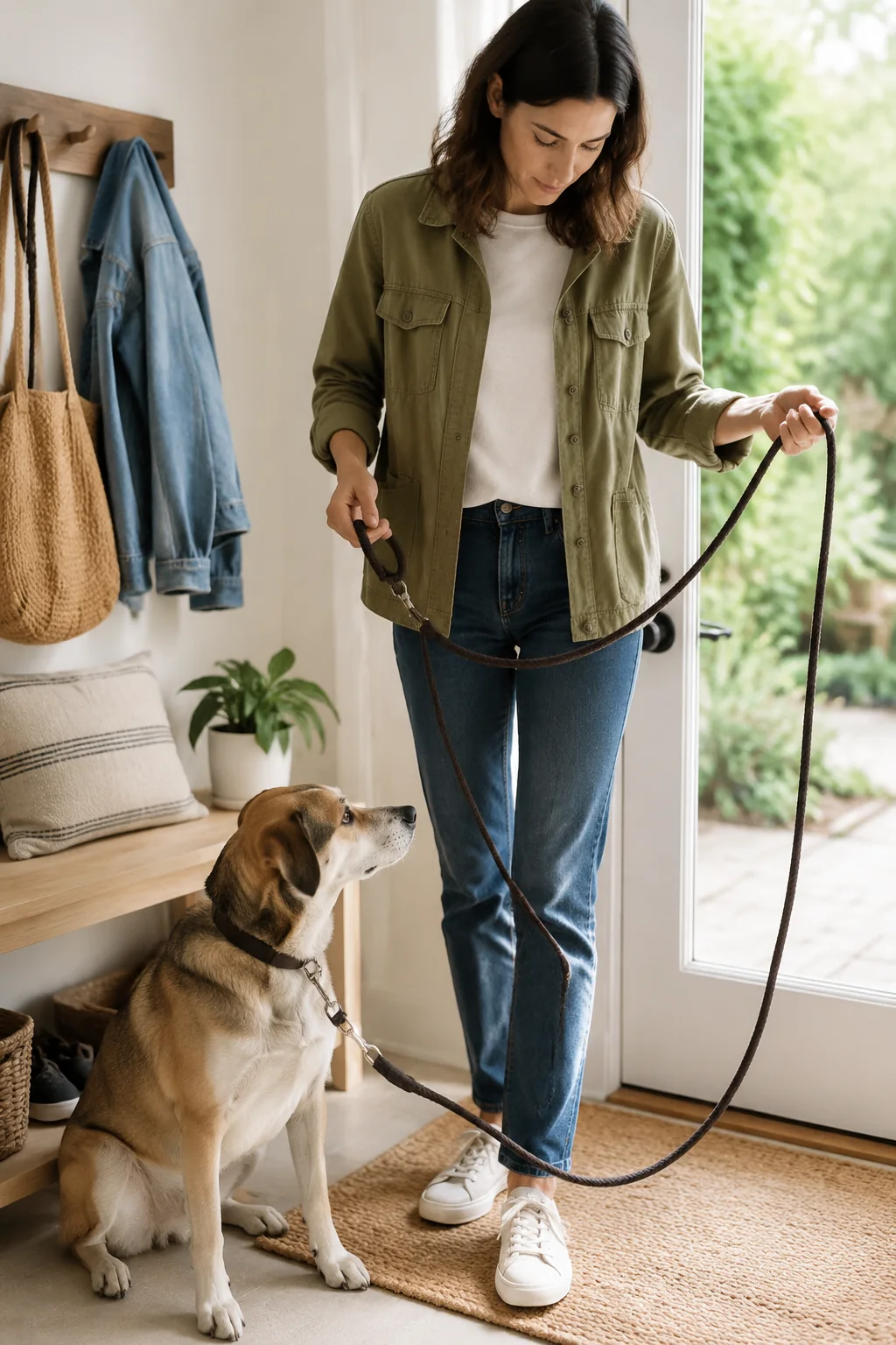 a city-walk leash in a calm everyday pet-care scene