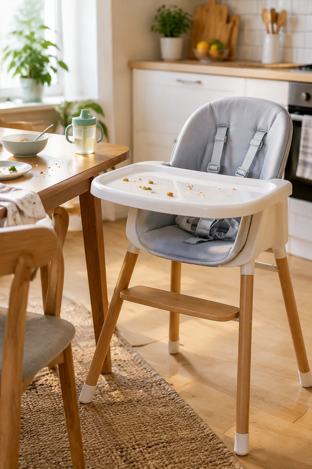 Compact high chair beside a small family kitchen table after a meal
