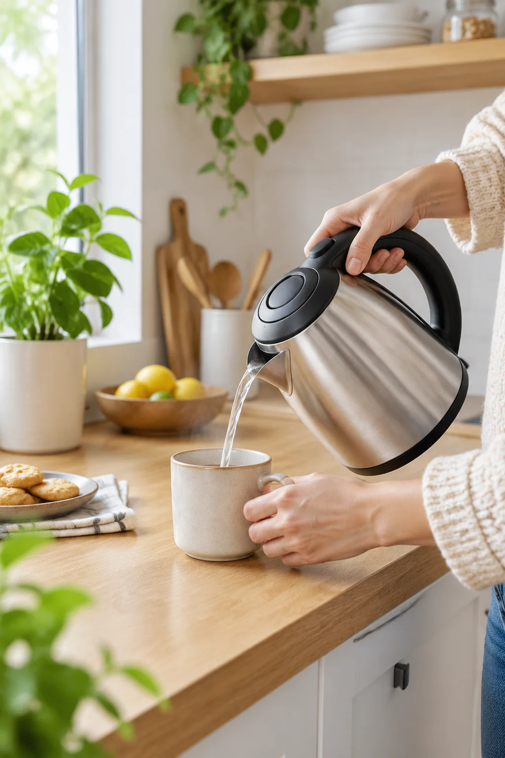 a compact electric kettle in a lived-in home and garden scene