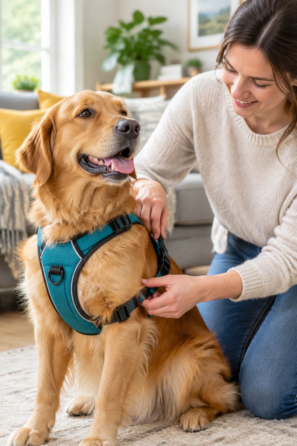 an everyday dog harness in a calm everyday pet-care scene