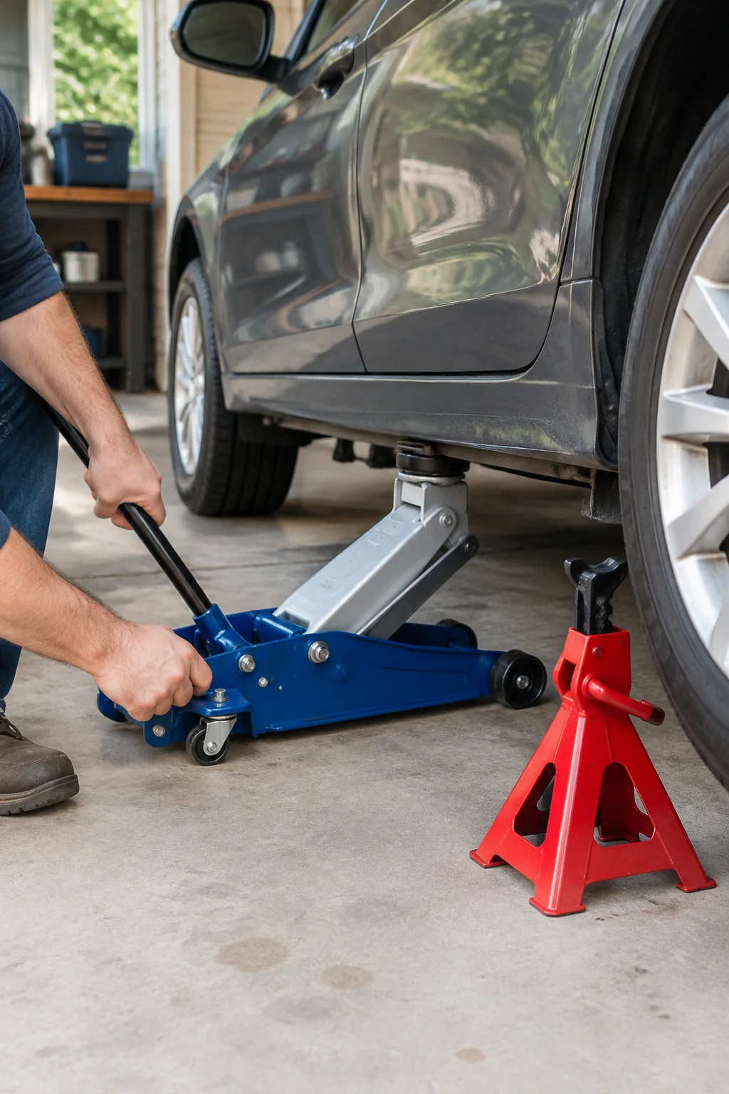 a floor jack and jack stands arranged for a practical automotive buying guide