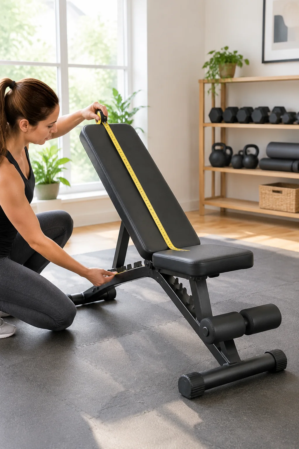 a Flybird adjustable workout bench in a realistic everyday product scene