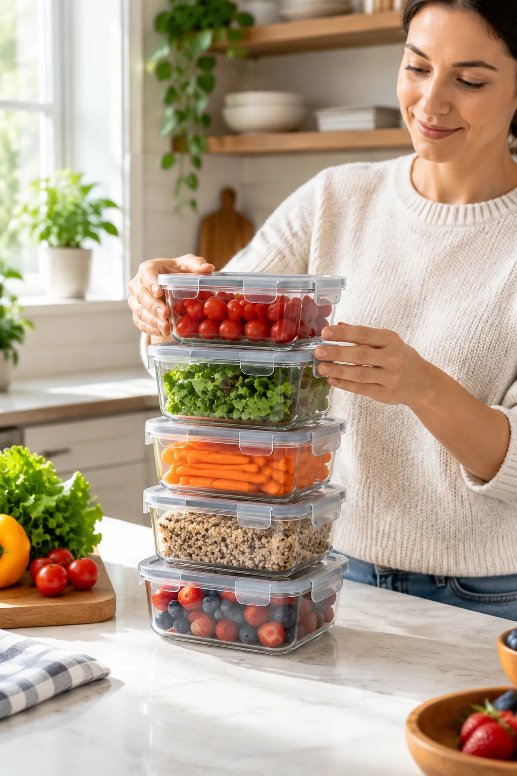 stackable food storage containers in a lived-in home and garden scene