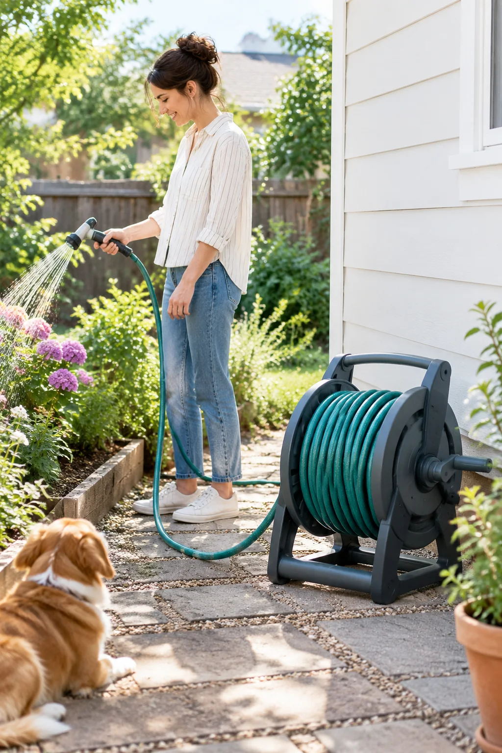 a compact garden hose reel in a lived-in home and garden scene