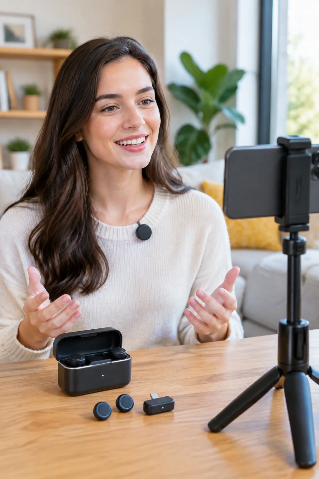 the Hollyland Lark M2 wireless microphone in a realistic everyday product scene