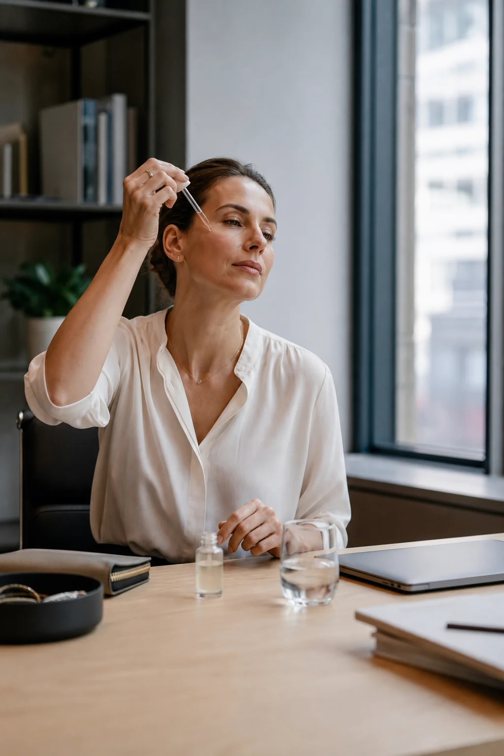 Office worker applying a hydrating serum at a bright desk before work