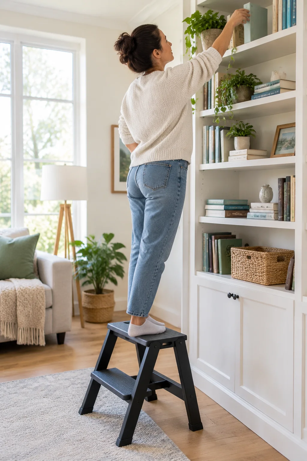 a stable step stool in a lived-in home and garden scene