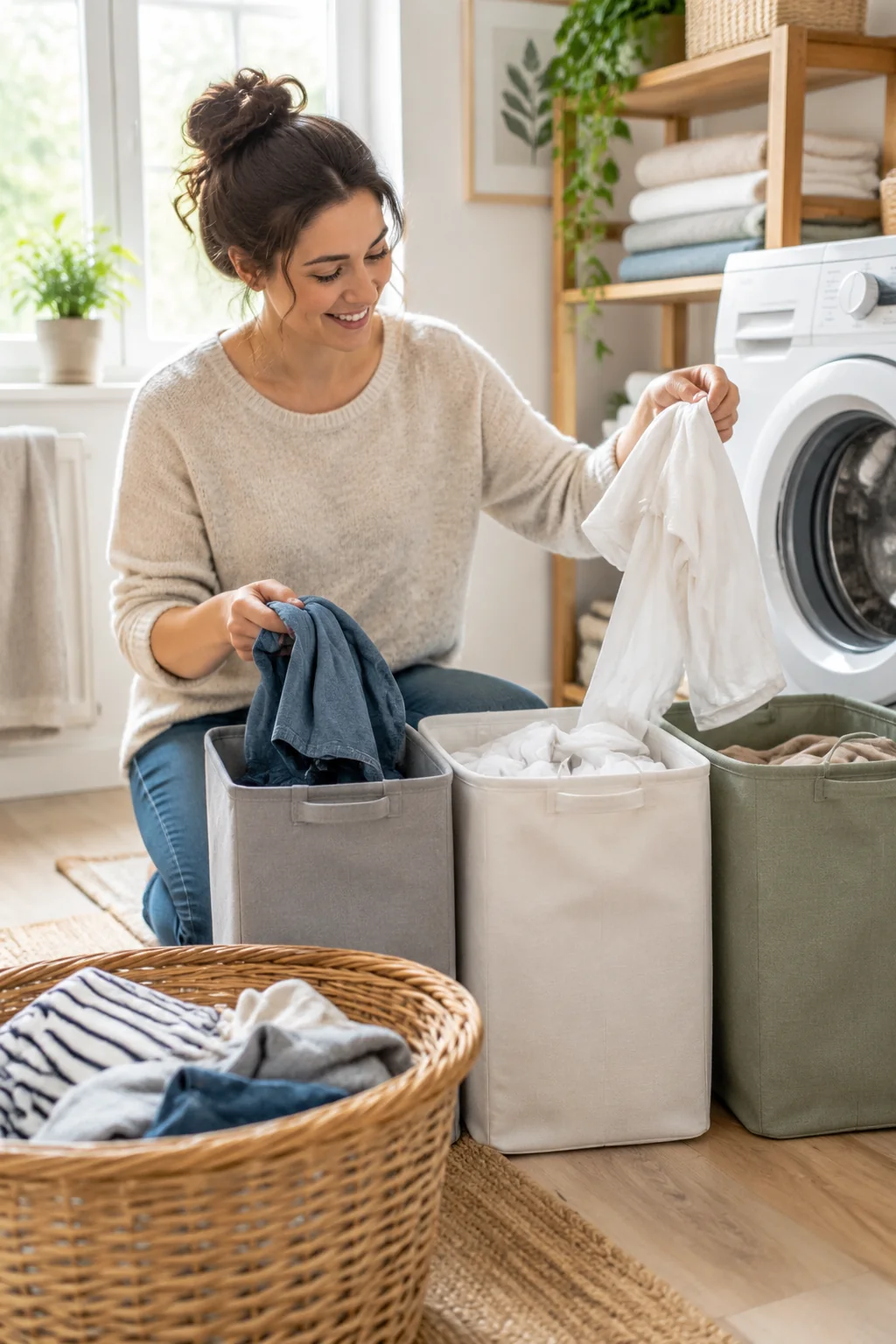 a compact laundry sorter in a lived-in home and garden scene