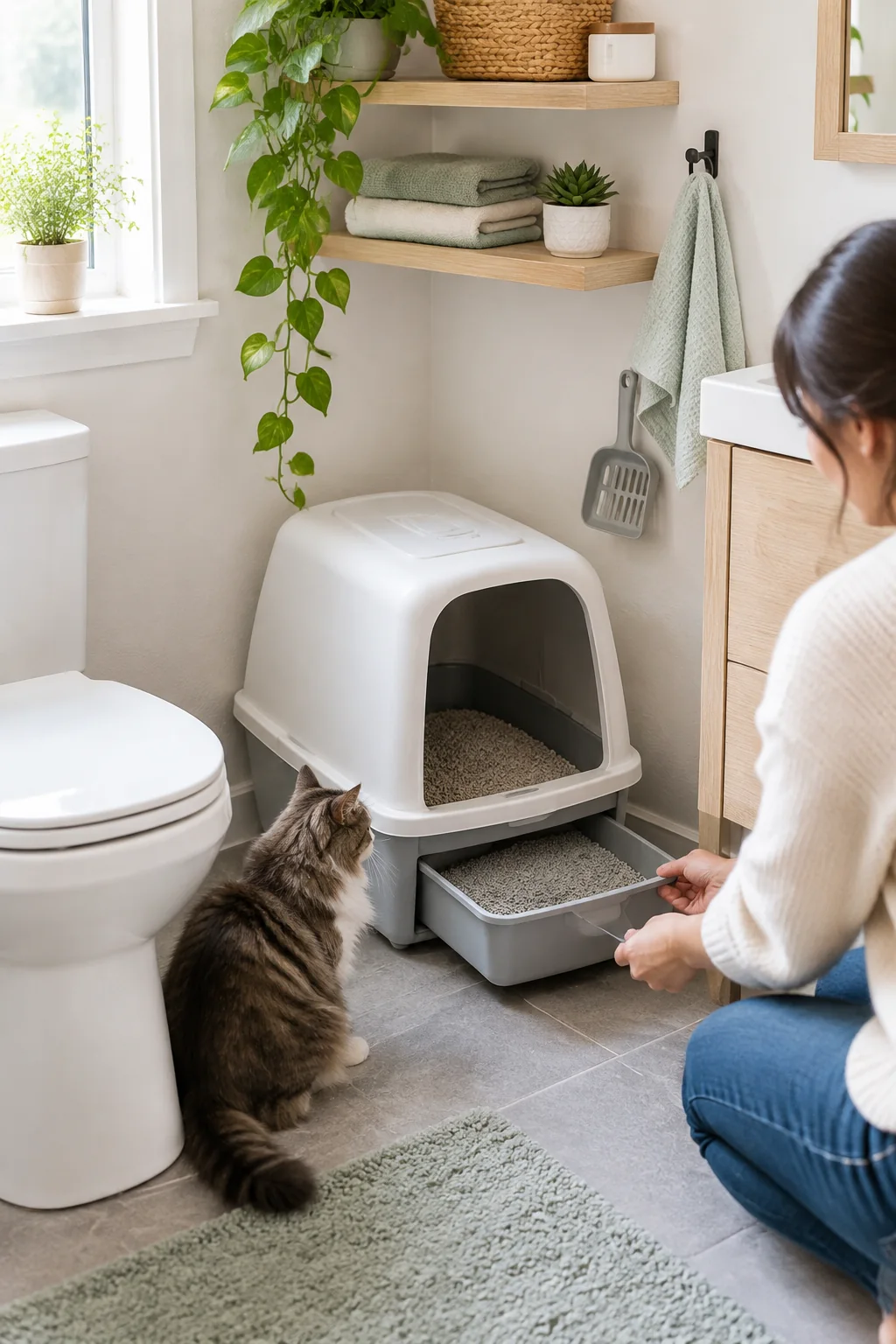 a covered or open litter box setup in a calm everyday pet-care scene