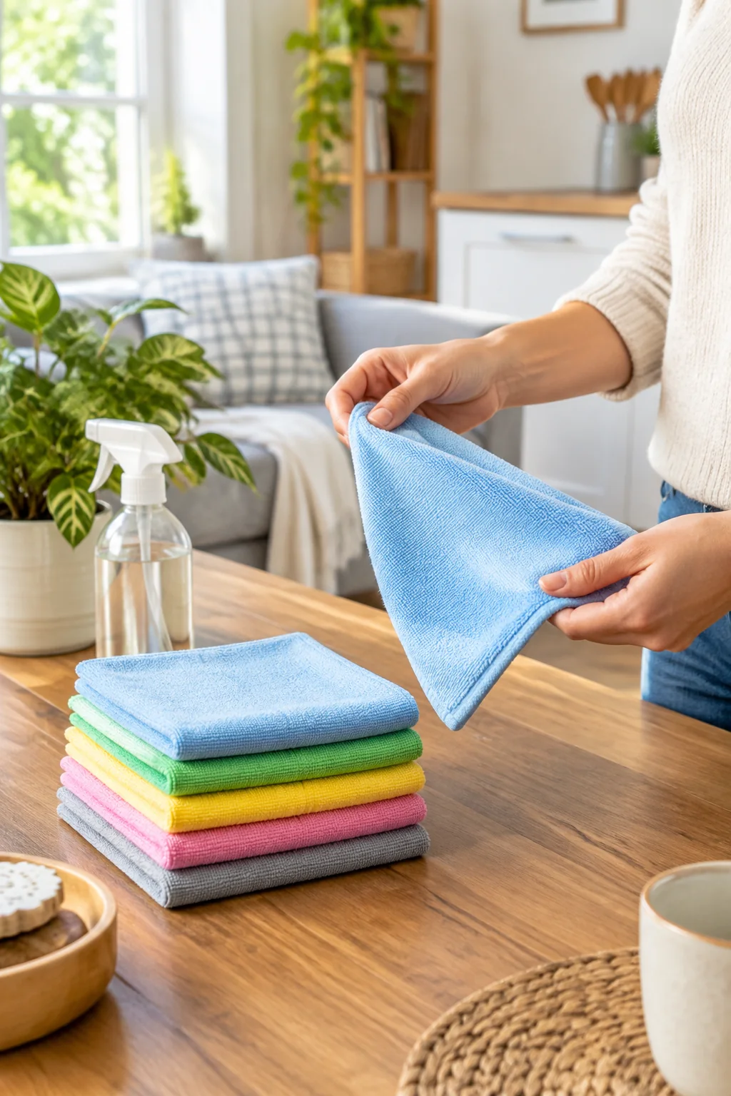 a set of microfiber cloths in a lived-in home and garden scene