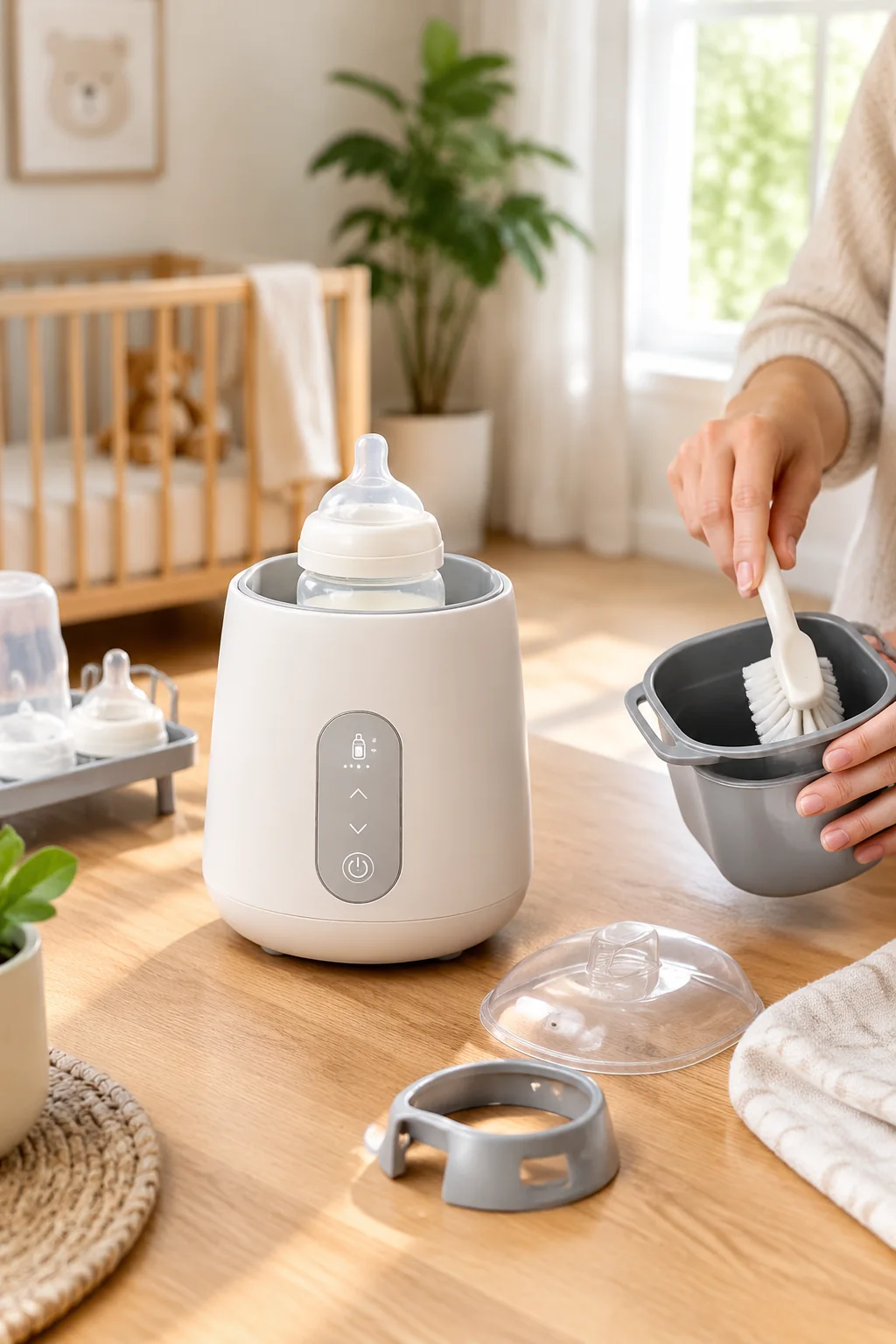 a Momcozy bottle warmer in a realistic everyday product scene