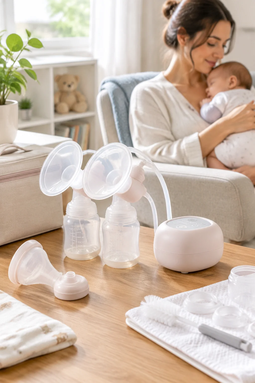 a Momcozy breast pump in a realistic everyday product scene