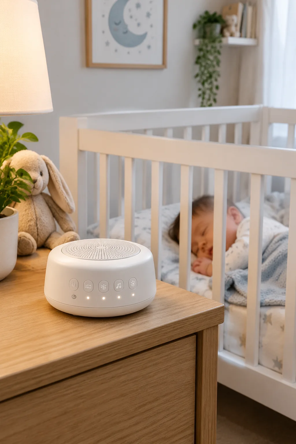 a Momcozy white-noise machine in a realistic everyday product scene