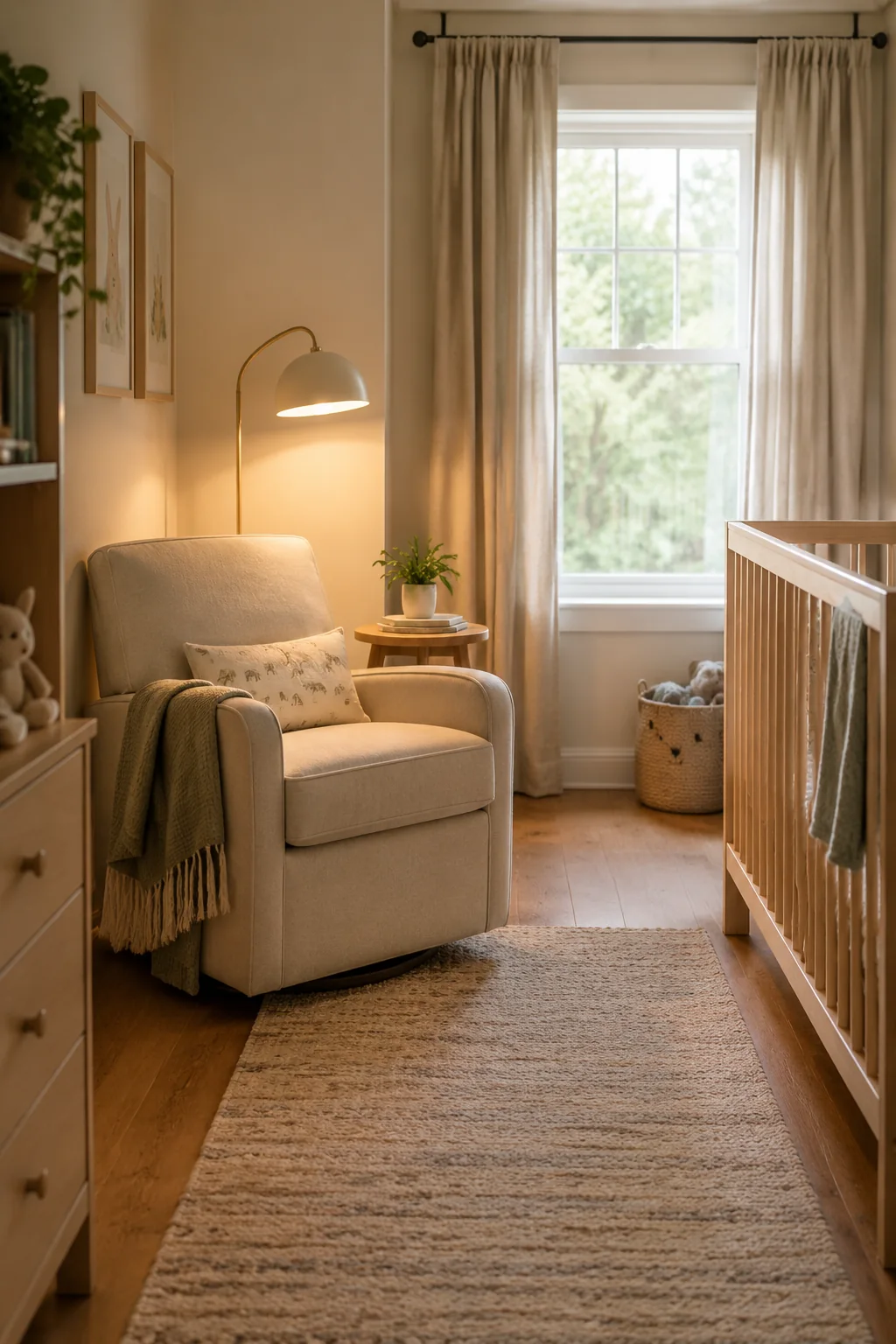 Compact upholstered nursery chair positioned beside a reading lamp